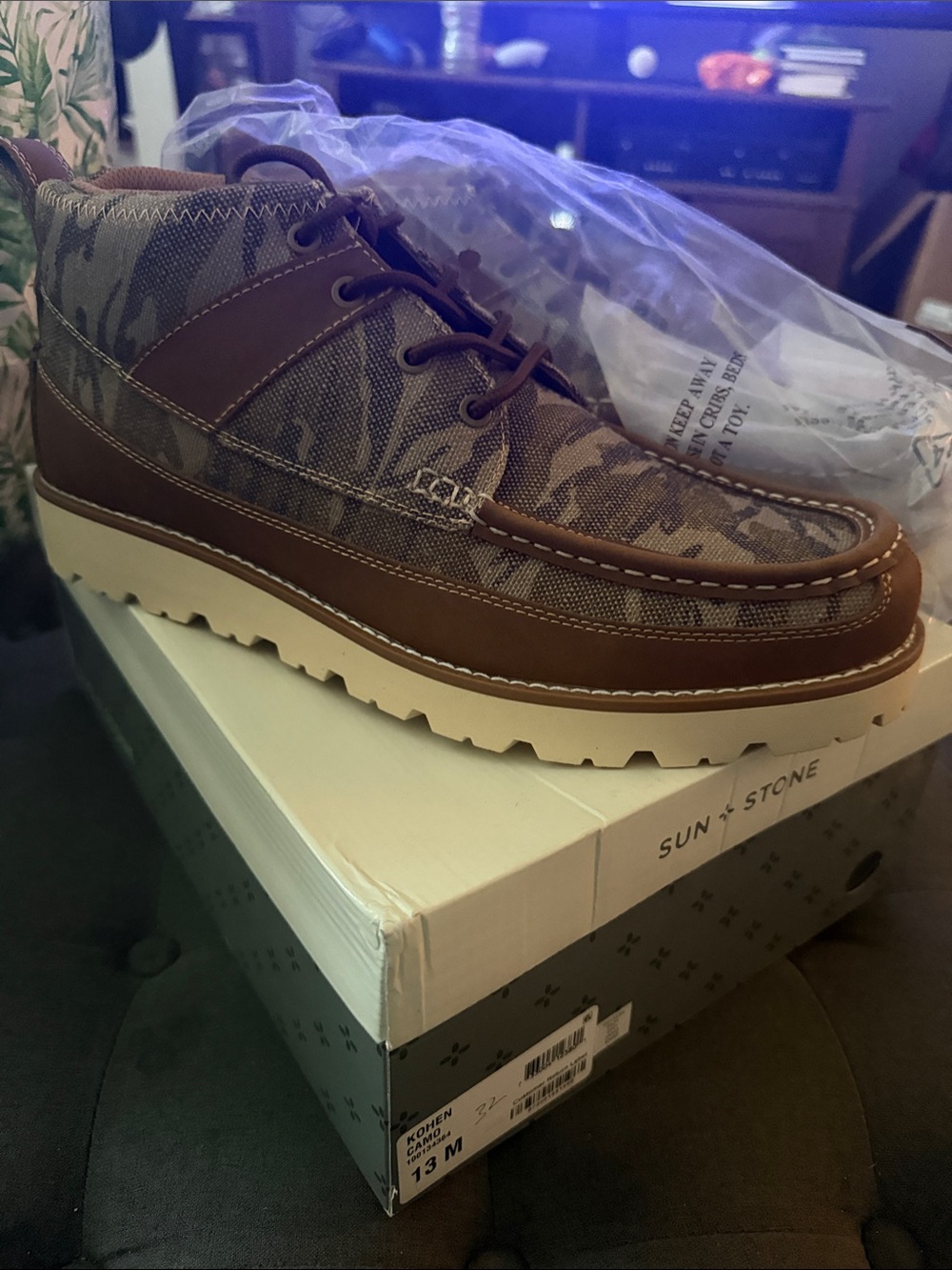 Sun + Stone Brown Camo Canvas & Leather Boat Shoe with Cream Sole